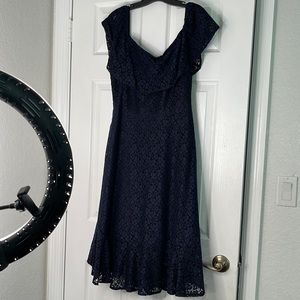 Banana Republic size 10, dark blue lace dress off the shoulder with a side zip